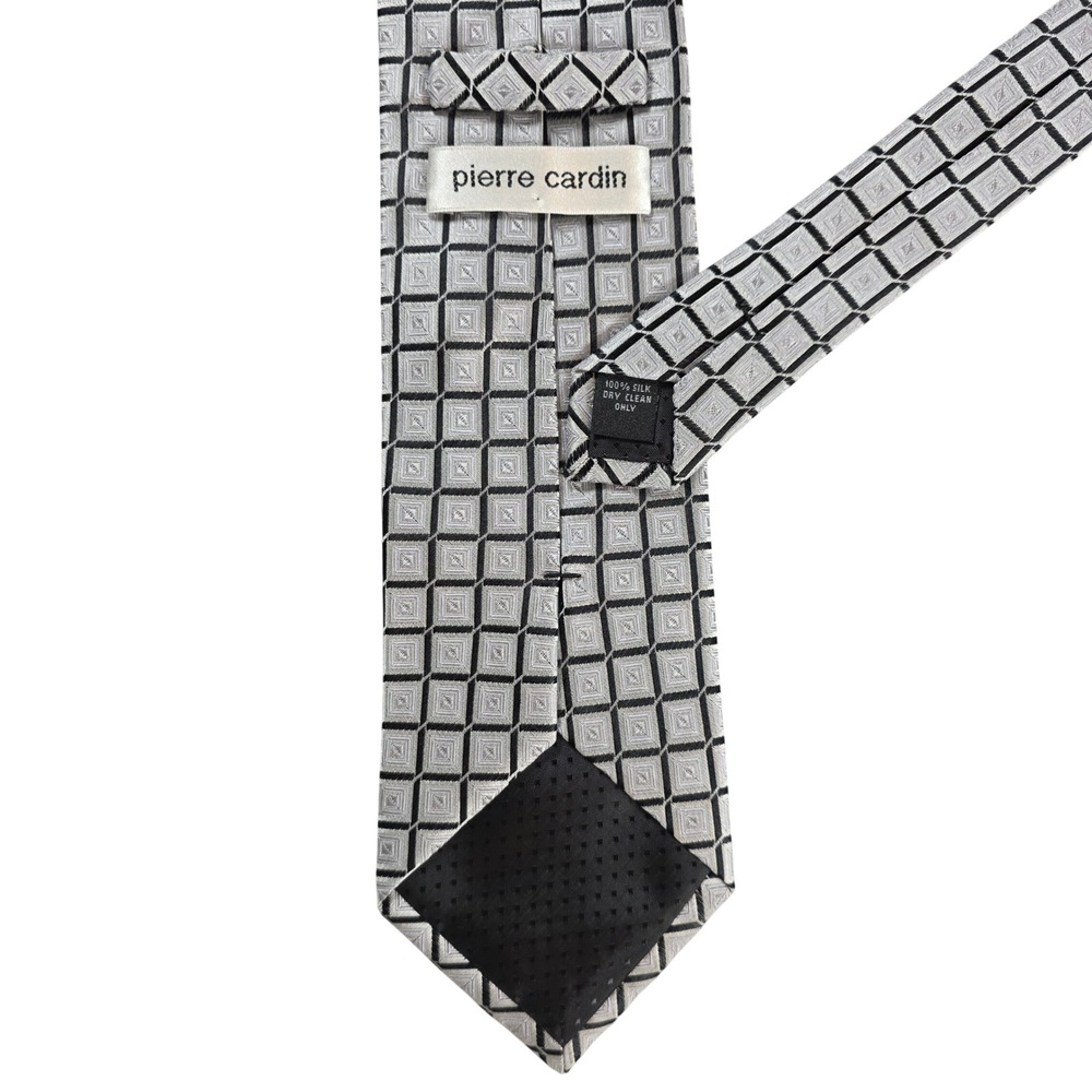 Pierre‎ Cardin Mens Silver Black Geometric Silk Necktie Square Grid Pattern Tie